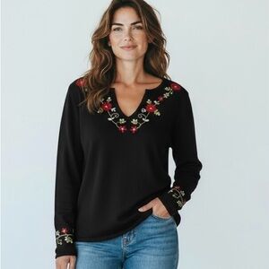 April Cornell • Embroidered Cotton Blend Long Sleeve Top Size M